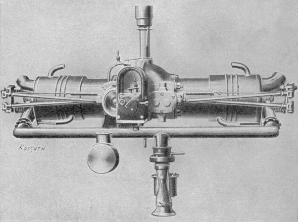 Vue d'un moteur Cl&eacute;ment-Bayard bicylindre (photo : Gallica - Les A&eacute;roplanes de 1911 - Raymond de Gaston)