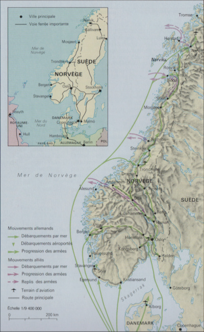 Carte de l'invasion du Danemark et de la Norv&egrave;ge (origine : La Seconde Guerre mondiale 1939-1945)