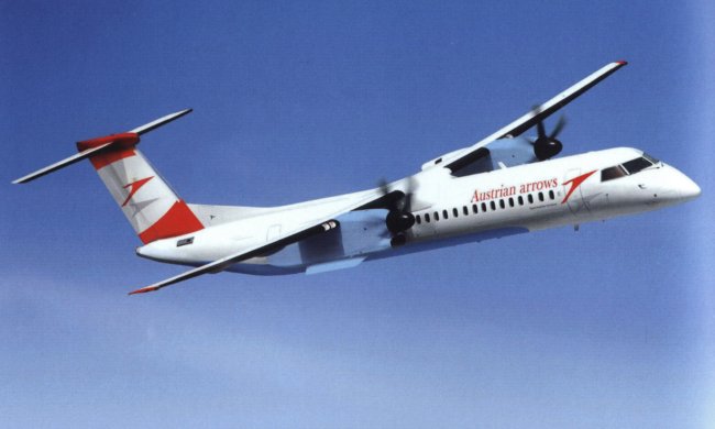 Vue d'un Dash 8 de la compagnie Tyrolean Airways (origine : &Uuml;ber Den Wolken, Postes Autrichiennes)