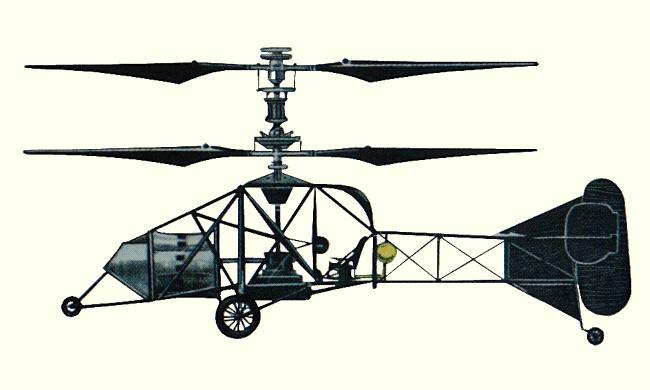 Vue d'un h&eacute;licopt&egrave;re Breguet-Dorand Gyroplane Laboratoire (origine : Helicopters and other Rotorcraft since 1907 - Kenneth Munson)