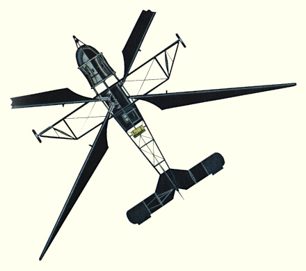 Plan d'un h&eacute;licopt&egrave;re Breguet-Dorand Gyroplane Laboratoire (origine : Helicopters and other Rotorcraft since 1907 - Kenneth Munson)
