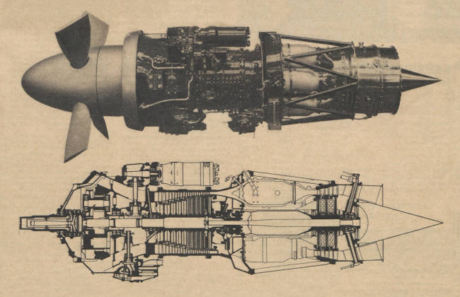 Vue d'un turbopropulseur Napier Eland (photo : Gallica - l'A&eacute;ronautique, Paris, septembre 1954)