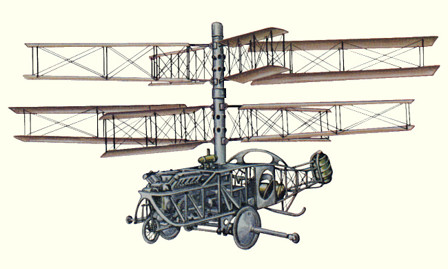Vue d'un h&eacute;licopt&egrave;re Pescara No. 3 (origine : Helicopters and other Rotorcraft since 1907 - Kenneth Munson)
