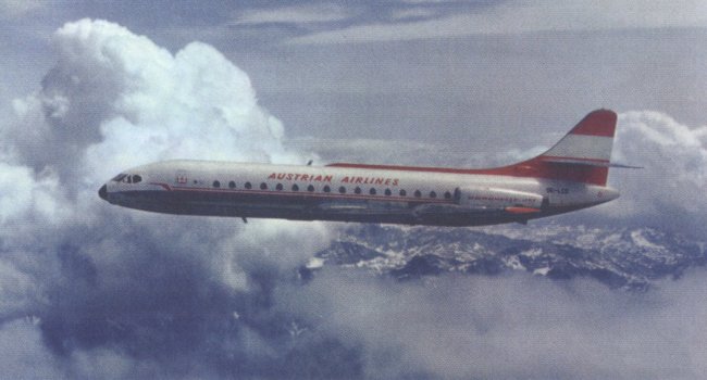 Vue d'une Caravelle des Austrian Airlines (origine : &Uuml;ber Den Wolken, Postes Autrichiennes)
