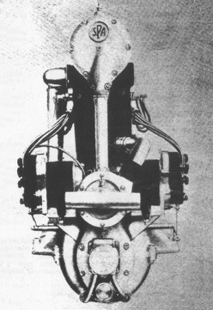 Vue arri&egrave;re d'un moteur S.P.A. 6A (photo : Jane's fighting aircraft of World War I John W.R. Taylor)
